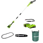 Greenworks 40V Longueur des barres 8 Pouces (20cm), Batterie 40V 2Ah, Chargeur + Greenworks Chaîne Oregon de 20cm + Greenworks guide-chaîne Oregon de 20 cm + Sac à déchets de jardin Greenworks 120 L