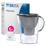 BRITA Carafe Filtrante Marella Graphite (2,4l) incl 6 cartouches filtre eau robinet MAXTRA PRO All-in-1 réduit PFAS,calcaire, chlore, certaines impuretés et métaux indicateur temporel, éco-emballage