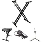 RockJam RJX29 Double braced Keyboard Stand + Padded Keyboard Bench and Piano Stool + Sustain Pedal for Digital Pianos and Electronic Keyboards + Universal vertical Guitar Stand for all Guitars