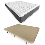 DUÉRMETE ONLINE - Lit Complet avec Matelas Viscoélastique Bio Nature + Base Rembourrée Renforcée Beige avec 6 Pieds Métalliques Filetés 135 x 190