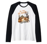 Tis The Season to Be Spooky Halloween Pumpkin Haunted House Raglan Baseball Tee