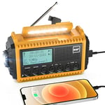 Radio à Manivelle Dab/FM avec Batterie 5000 mAh, Radio Solaire Portable avec Lampe de Poche LED et Liseuse, Radio de Chantier Dab+ IPX4, Alarme SOS d'urgence, Adaptée pour Randonnée (Dab Jaune)