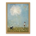 Artery8 Chasing the Giant Dandelion Dream Artwork Giant Wish Oil Painting Kids Bedroom Child and Pet Dog in Daisy Field Artwork Framed Wall Art Print 18X24 Inch