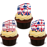 30 LONDON BUS UK USA FLAG ROYAL PREMIUM EDIBLE STAND UP RICE CUP CAKE TOPPERS D6