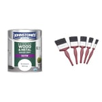 Johnstone's - Quick Dry Satin - Brilliant White- Satin Finish - Exterior Wood & Fit For The Job 5 pc Mixed Sizes Paint Brush Set for a Smooth Finish with Emulsion, Gloss, Satin on Walls, Ceilings