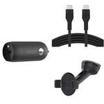 Belkin Premuim Car Bundle(USB-C Fast Car Charger 20W & USB-C to USB-C 1m charging cable & Universal Mount)