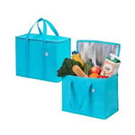 VENO Lot de 2 Grand Sac Isotherme Courses, Sac Glaciere Pliable avec Couvercle et Poignées Renforcées, Sac de Courses Debout, Sac Thermique Réutilisable, Sac Repas Durable (Cyan, Lot de 2)