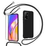 Pnakqil Coque avec Cordon pour Oppo A94 5G/Reno5 Z,avec Verre Trempé Protecteur d'écran, Silicone Case Lanyard Housse de à Lanière Réglable Antichoc Résistant aux Rayures pour Oppo A94 5G- Noir