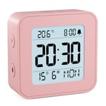 LATEC Alarm Clock Bedside Battery Powered LCD Digital Clock with Date & Day, Snooze, Temperature, 12/24H, Backlight, 3 Volumes, Silent Travel Small Clock for Heavy Sleepers Included Battery Pink