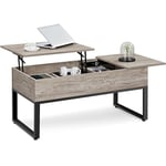 Yaheetech Table Basse Relevable, Table de Salon, 1 Plateau Relevable 1 Plateau Extensible, 2 Compartiements Cachés, en Bois et Structure Métallique 104,5 x 50 x 49cm Désign Industriel Gris