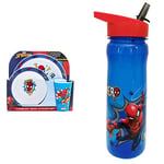 Marvel Spider-Man Kids Tableware Set – 3 Piece Reusable PP Plate, Bowl & Cup Set – Superhero Dinnerware Tableware Set, Blue & 1325 1698 Spider-Man Hero Reusable Water Bottle, Blue and red, 600ml