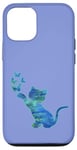 Coque pour iPhone 13 Pro Chat violet bleu cyan et papillon sur un bleu outremer