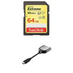 SanDisk Extreme 64GB SDXC Memory Card up to 90MB/s, Class 10, U3, V30 FFP with USB Type-C Reader for SD UHS-I and UHS-II Cards