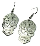 Skull Earrings Mexican Sugar Candy Hook Day of the Dead Large Silver Tone