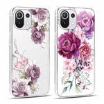 Yoedge 2 Pièces Coque pour Xiaomi Mi 11 Lite 4G/5G/5G NE 6,55", Ultra Mince Transparente Souple Silicone TPU avec Motif Fleur Étui pour Filles Femmes, Antichoc Anti-Rayures Bumper Protection Housse