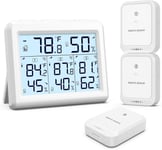 Thermomètre Hygromètre Numérique sans Fil avec 3 Capteurs, Thermomètre Connecté, Écran LCD, Enregistrement Min/Max, Commutateur ¿/¿, Thermomètre Intérieur et Extérieur pour Maison, Bureau-Blanc