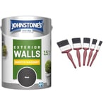 Johnstone's, Exterior Smooth Masonry Paint, Black, Up to 15 Years Protection, Weather & Fit For The Job 5 pc Mixed Sizes Paint Brush Set for a Smooth Finish with Emulsion, Gloss