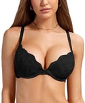 DOBREVA Femme Soutien Gorge Push Up Dentelle avec Armatures Plongeant Rembourré Moulé Noir 105A