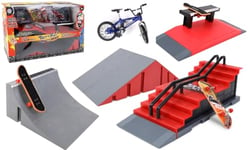 Trottifun - Set 3 Finger Skates, 4 Rampes et 1 Vélo - 031439 - Métal et Plastique - Skateboard - Doigt - Jouet Enfant - Anniversaire - Cadeau - Planche à Roulette - À Partir de 3 Ans