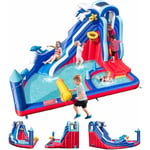 GOPLUS Château Gonflable Géant Enfants 3-10 Ans sans Souffleur-Piscine/Mur d'Escalade/Canons à Eau-Charge 45+45KG Vague