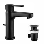 Robinet avec Tirette et Bonde, CECIPA Robinet Salle Bain Noir Simple, Mitigeur Lavabo Noir, Hauteur du Bec 112,5mm, Mitigeur Salle de Bain en Laiton, Robinet Lavabo Salle de Bain Design Classique