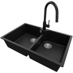 Evier Cuisine en Granit 78x50cm, Lavabo 2 bacs + Kit de Vidage + Robinet 9010 Madrid Twin de Primagran Noir Métallisé