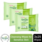 Simple Kind to Skin, Cleansing Wipes For Sensitive Skins, 3 Packs of 25 Wipes