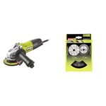 RYOBI - Meuleuse d'angle 800 W diam. 125 mm - 12 000 tr/min - protection anti-redémarrage & Kit 6 disques meuleuse 125 mm (1 disque diamant et 5 disques à tronçonner) - RAK6AGD125 Gris