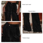 (Black L)Women Wide Leg Pants Fashion Casual Loose Pleuche Women High Waist BG