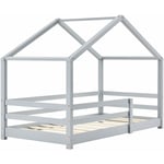 Lit cabane pour enfant forme de maison avec barrière de sécurité en bois de pin gris 90 x 200 cm