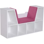 Bibliothèque banc 2 en 1 design contemporain 6 casiers 3 coussins fournis 102L x 30l x 61H cm blanc rose