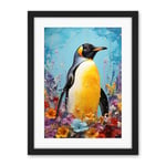 Artery8 King Penguin in Colourful Floral Flowers Nest Thick Paint Oil Painting Yellow Black Blue Colourful Artwork Framed Wall Art Print 18X24 Inch