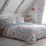 Dreams & Drapes - Housse de couette motif fleurs de jardin, papillons et oiseaux – Lit double réversible (2 couleurs) – Entretien et lavage – Literie vintage à fleurs en bleu – Couette florale blanche