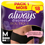 Always Discreet Boutique, 18 Culottes Incontinence Femme, Plus 6 Gouttes, Sous-Vêtements Taille M Basse, Noire, Protection Très Absorbante pour Fuites Urinaires Importantes, Pack 1 Mois