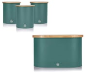 Swan Nordic Bread Bin and Set of 3 Tea Coffee and Sugar Canisters Set Pine Green