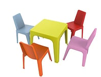 RESOL Set Julieta: Table et 4 chaises pour Enfants. Meubles pour Enfants pour extérieur ou intérieur. pour Jardin, Patio, Balcon ou terrasse - 1 Table Citron + 4 chaises Rouge/Rose/Bleu/Orange