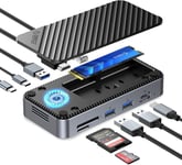 Station d'accueil USB C 10 en 1, USB-C HUB avec Ventilateur Intégré, 10 Gbps USB 3.2 Gen2 M.2 NVMe/SATA SSD Adapter Compatible Boîtier SSD M2 Support 4K HDMI, 100W PD, SD/TF, Gigabit Ethernet