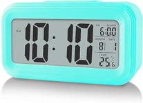 Upgraded Digital Alarm Clock, 4.3" LED Display with Temperature Larger Lound Light Control Portable Snooze Calendar Brightness with Battery Powered Alarm Clocks Bedside for Everyone (Blue)