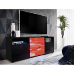 Meuble Banc TV Urbino Komodee - LED RGB - Noir Brillant et Noir - Facades en Brillant - 140 x 53 x 35 cm