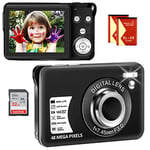 Digital Camera 2.7K 48MP Vlogging Camera, Rechargeable FHD Compact Camera with 16X Digital Zoom, 2.7” Mini Children’s Camera with 32GB Memory Card,2 Batteries for Beginners Students Teenagers Black