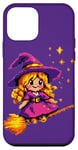 Coque pour iPhone 12 mini Pixelated Petite sorcière violette sur un balai pour enfants