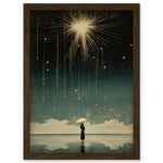 Falling Star Rain Dreamy Artwork Bright Star Wish Woman with Umbrella Fairytale Dreamscape Artwork Framed Wall Art Print A4