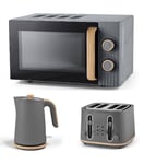 Grey Wood Textured Scandi Microwave Kettle and 4 slice Toaster Set