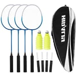 HIRALIY Lot de 4 Raquettes de Badminton pour Jeux en Plein air, y Compris 4 Raquettes, 12 Volants en Nylon, 4 Bandes antidérapantes de Rechange (Bleu)