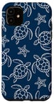 Coque pour iPhone 11 Joli motif floral tortue de mer bleu marine corail et coquillage