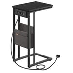 VASAGLE Table d’Appoint, Table de Chevet avec Multiprise, Bout de Canapé en Forme de C, pour Petits Espaces, 2 Ports USB et Prises, Sac, Pieds Réglables, pour Chambre, Salon, Noir Boisé LET356B02V1