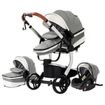 Magic ZC PU Leather 3 in 1 Pushchair Pram Travel System, Baby Stroller 3 in 1 with Reversible Two Pushing Modes, Newborn Infant Carriage One-Click Folding, Toddler Buggy Aluminum Frame (Grey 518)