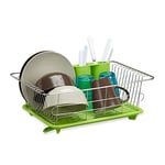 Relaxdays Drainer, Stainless Steel with Plastic Tray, Cutlery Holder, Dish Rack, HxWxD: 15.5 x 40 x 30 cm, Green-Silver, Stainless_Steel, 30 x 40 x 15.5 cm