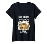 Womens Hive Honeybee Quote She Works Hard For The Honey Bee Saying V-Neck T-Shirt