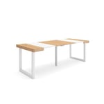 Table console extensible, 220, pour 10 personnes, 222x90x77cm, Pieds bois massif, couleur Chêne et blanc